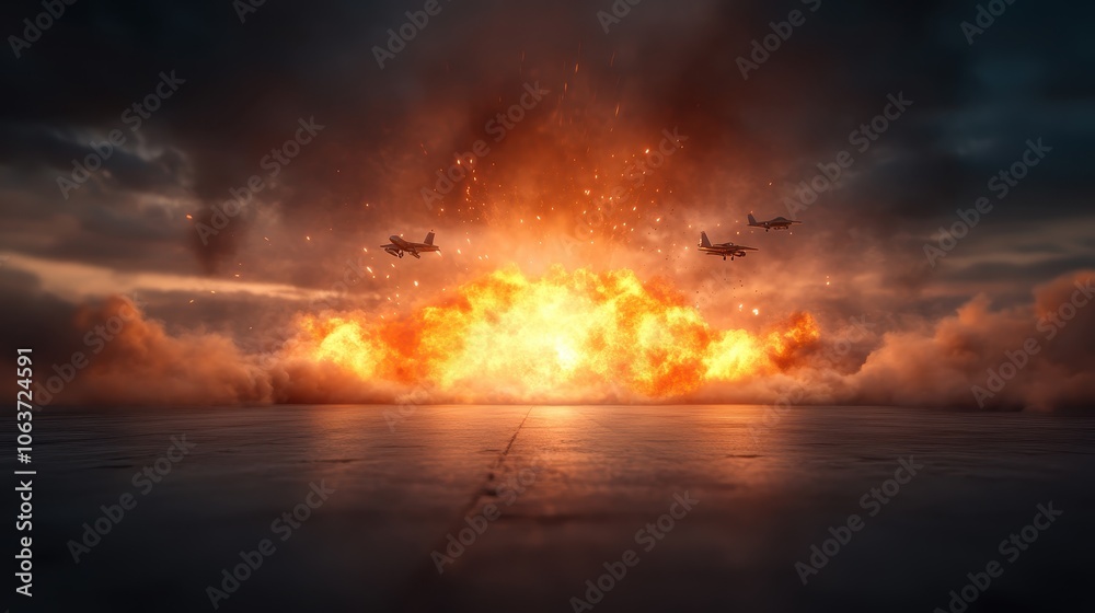 Three fighter planes, silhouetted against a massive explosion, create a dramatic scene filled with action and intensity, a vivid portrayal of aerial power. Three fighter planes, silhouetted against a massive explosion, create a dramatic scene filled with action and intensity, a vivid portrayal of aerial power.