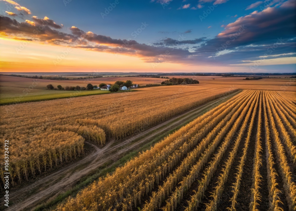 Softly Lit Aerial View of Neatly Aligned Corn Stalks in a Lush Green Landscape During Golden Hour Softly Lit Aerial View of Neatly Aligned Corn Stalks in a Lush Green Landscape During Golden Hour