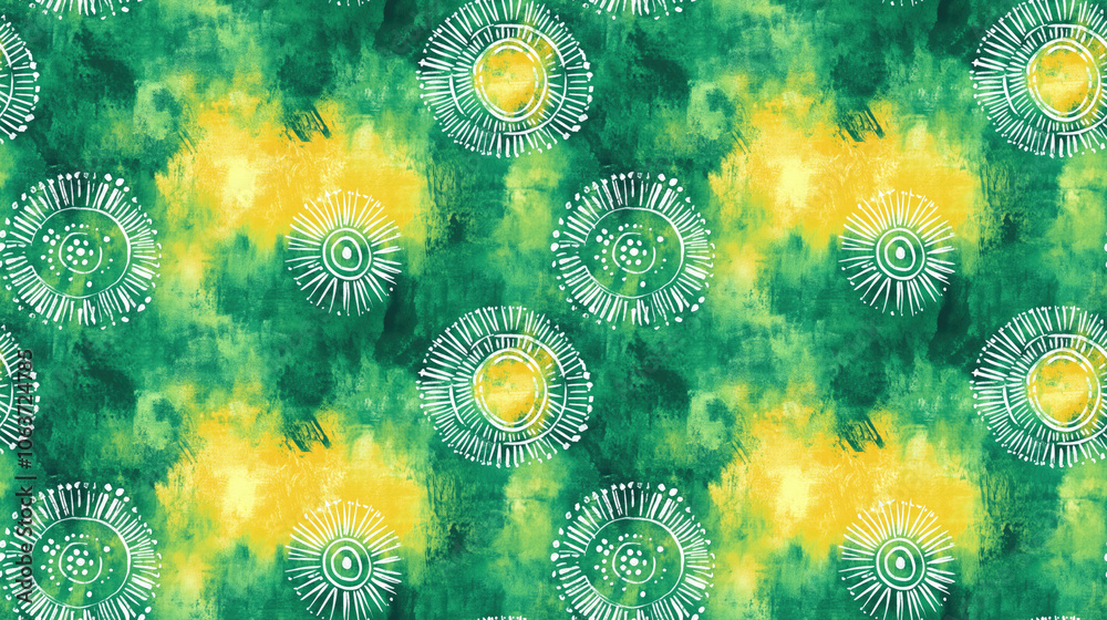 Obraz premium Seamless pattern featuring vibrant native ornaments with green watercolor layers yellow tie dye textures and intricate white Japanese embroidery