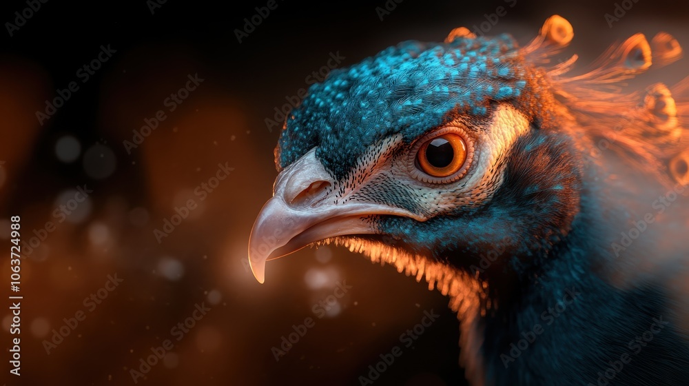 A close-up of a striking bird with vivid blue plumage and captivating orange eyes, set against a glowing backdrop. The bird's feathers show intricate detailing. A close-up of a striking bird with vivid blue plumage and captivating orange eyes, set against a glowing backdrop. The bird's feathers show intricate detailing.