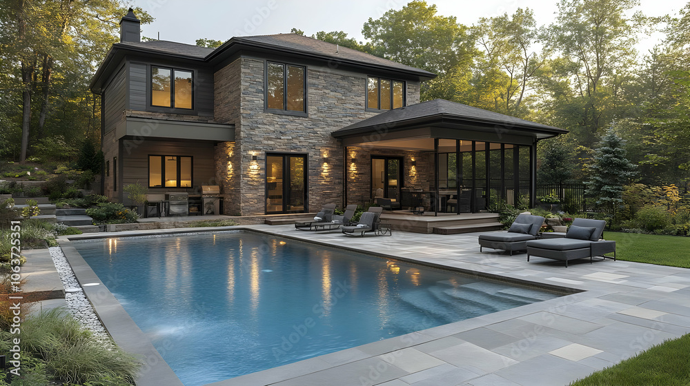 Modern House with Swimming Pool and Patio - Realistic Image Modern House with Swimming Pool and Patio - Realistic Image