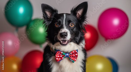 Cão pastor festivo em uma gravata borboleta com balões coloridos photo