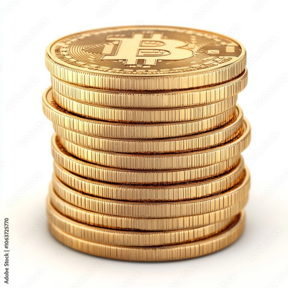 A stack of shiny gold Bitcoin coins representing cryptocurrency value. A stack of shiny gold Bitcoin coins representing cryptocurrency value.