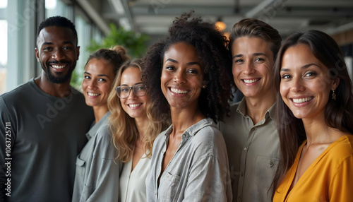 close-up portrait of 6 diverse colleagues in a modern office