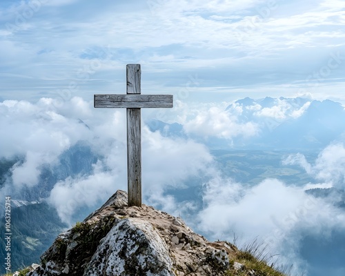 Wooden Cross Atop Mountain Peak With Breathtaking Clouded Valley View Symbolizing Spiritual Achievement