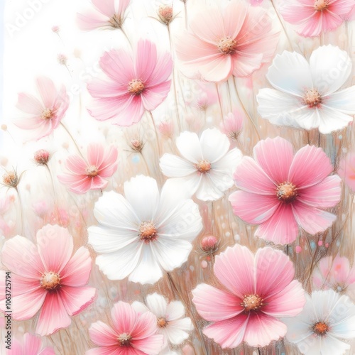 흰 배경, 코스모스, 파스텔화 (white background, cosmos, pastel painting)
