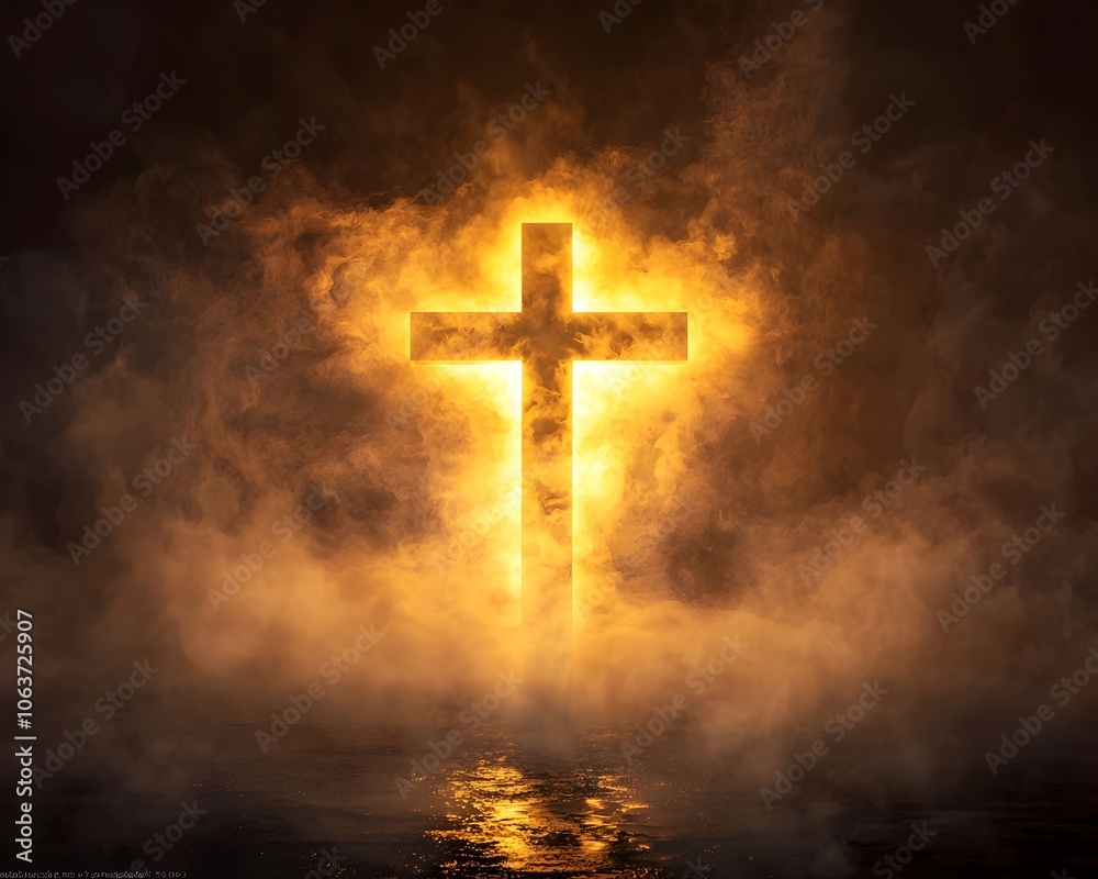 Radiant Cross Emerging from Thick Fog Golden Light Symbolizing Hope and Guidance Radiant Cross Emerging from Thick Fog Golden Light Symbolizing Hope and Guidance