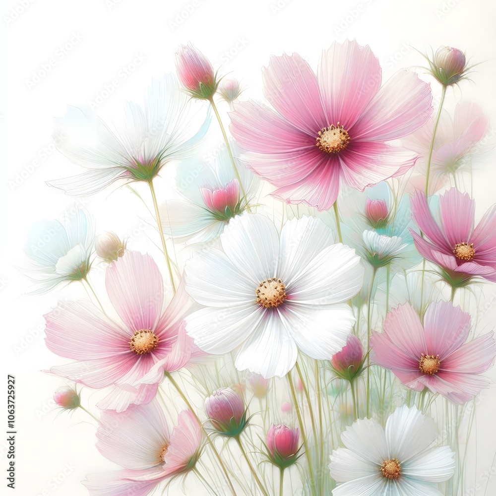 흰 배경, 코스모스, 파스텔화 (white background, cosmos, pastel painting) 흰 배경, 코스모스, 파스텔화 (white background, cosmos, pastel painting)