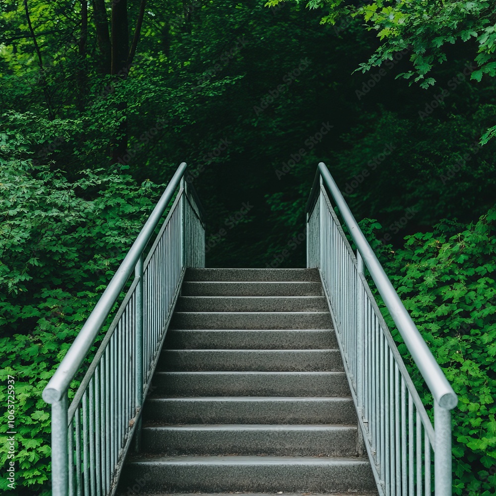 A staircase leads into a lush green forest, inviting exploration. A staircase leads into a lush green forest, inviting exploration.
