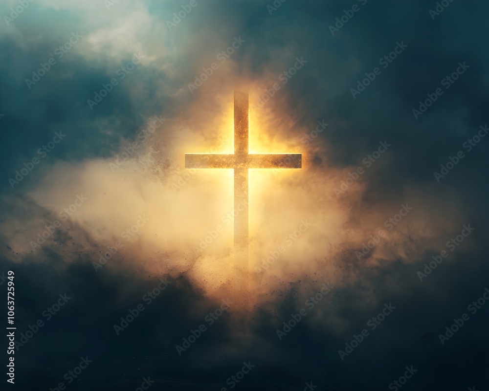 Radiant Cross Emerging from Misty Heavenly Light Symbolizing Faith and Guidance Radiant Cross Emerging from Misty Heavenly Light Symbolizing Faith and Guidance