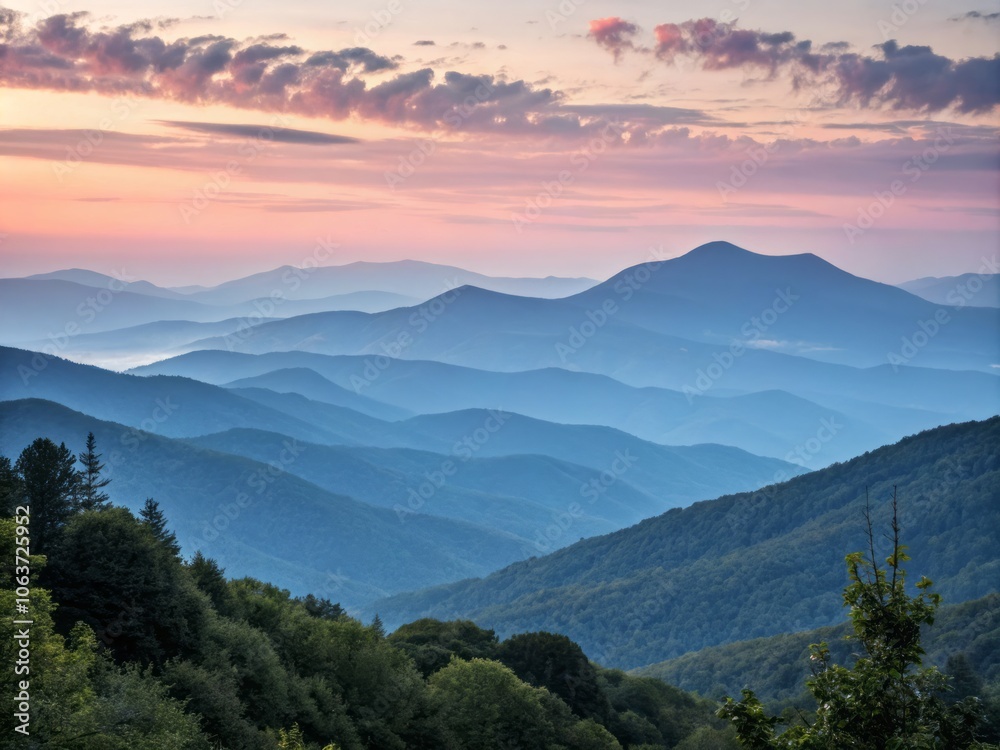 Obraz premium Soft Muted Pastel Hues of Sweeping Mountain Silhouettes Against a Serene Sky at Dusk or Dawn