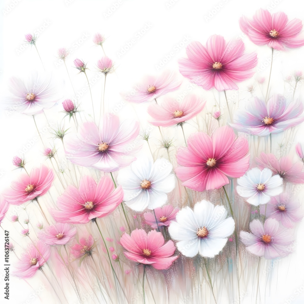흰 배경, 코스모스, 파스텔화 (white background, cosmos, pastel painting) 흰 배경, 코스모스, 파스텔화 (white background, cosmos, pastel painting)