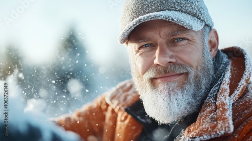 A bearded man, wearing a cap and jacket, smiles warmly despite the frost and snow, capturing both the chill of winter and the warmth of the human spirit.