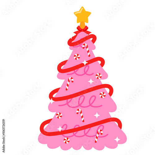 Pink Christmas Tree With Red Ribbon and Sugar Candy illustration