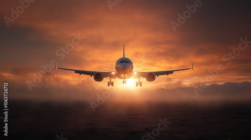 A large airplane gracefully lands against a vivid, dramatic sunset sky, capturing a perfect blend of engineering mastery and breathtaking natural allure.