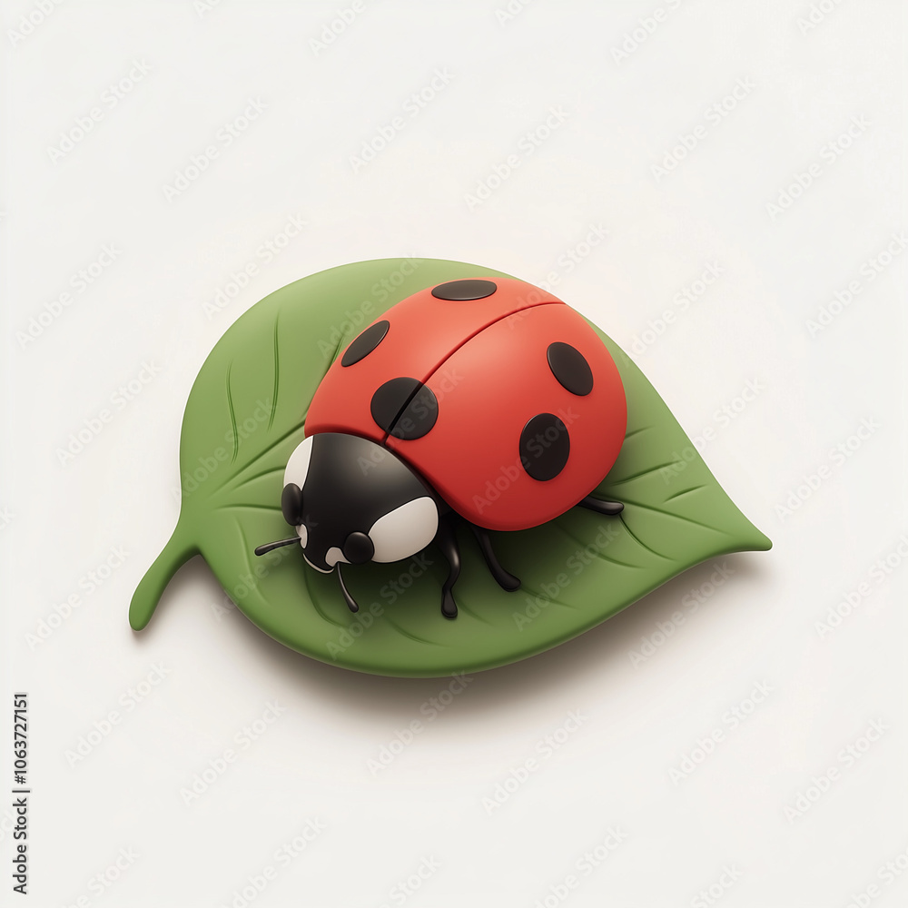 Fototapeta premium A clip-art of a ladybug sitting on a leaf, depicted in claymorphism style on a white background.
