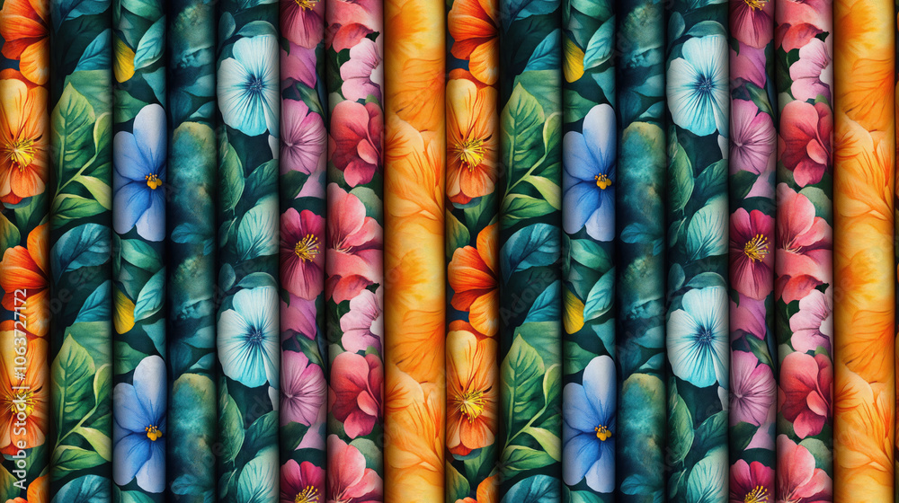 Seamless design of nature inspired scroll motifs featuring vibrant watercolor floral patterns suitable for textile and wallpaper design Seamless design of nature inspired scroll motifs featuring vibrant watercolor floral patterns suitable for textile and wallpaper design