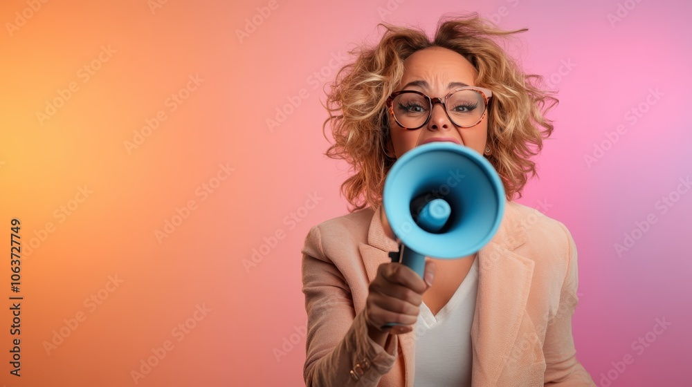 Obraz premium A woman holding a blue megaphone, wearing glasses and a peach blazer, stands against a vibrant pastel background, conveying a message with enthusiasm and energy.