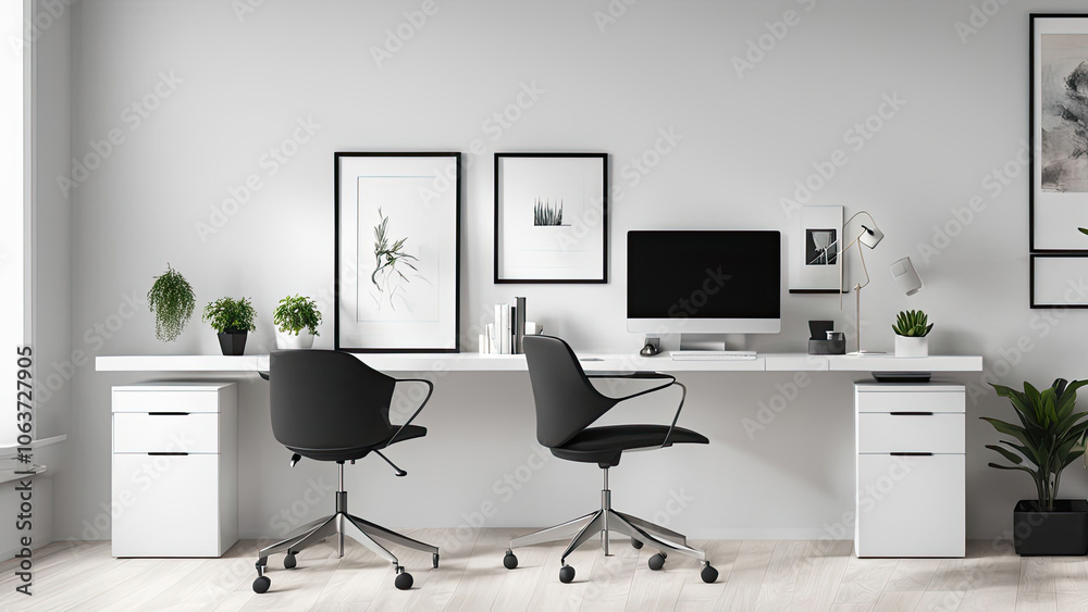 a minimalist home office featuring a large bright space with a modern white desk a slim black chair a minimalist home office featuring a large bright space with a modern white desk a slim black chair