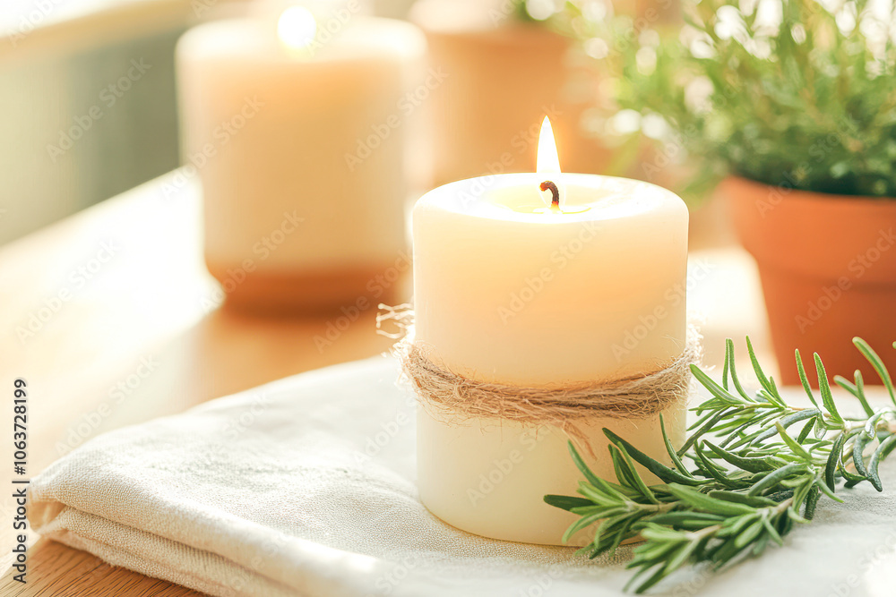A candle is lit on a table next to a potted plant A candle is lit on a table next to a potted plant