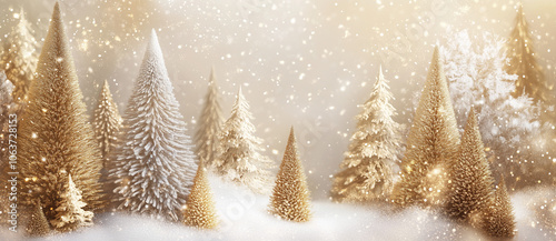 Festive Christmas background with golden trees and snow, in the style of golden and white colors.
