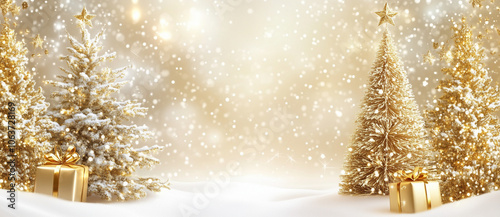 Festive Christmas background with golden trees and snow, in the style of golden and white colors.