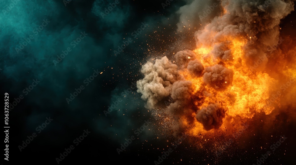 Fototapeta premium A dynamic explosion with vibrant orange flames tearing through a smoky atmosphere, juxtaposed against a deep and brooding background, evoking tension.