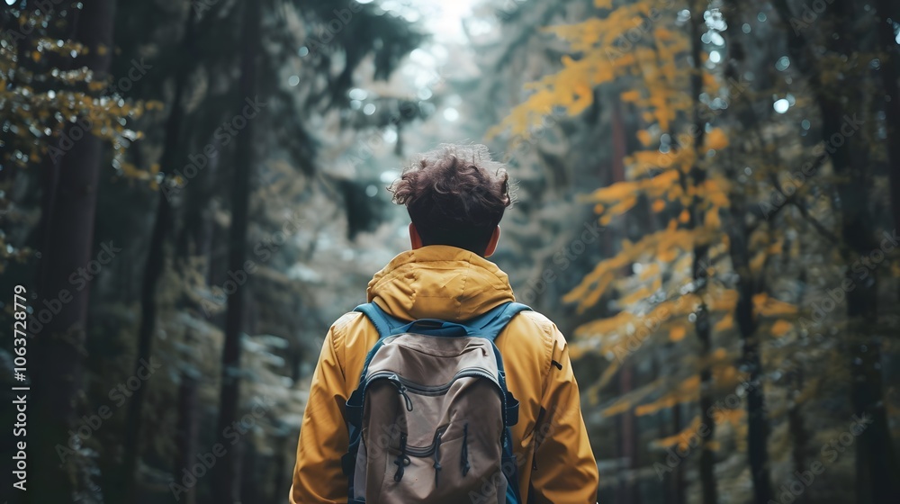 Hiker exploring serene autumn forest landscape on hiking trail Hiker exploring serene autumn forest landscape on hiking trail