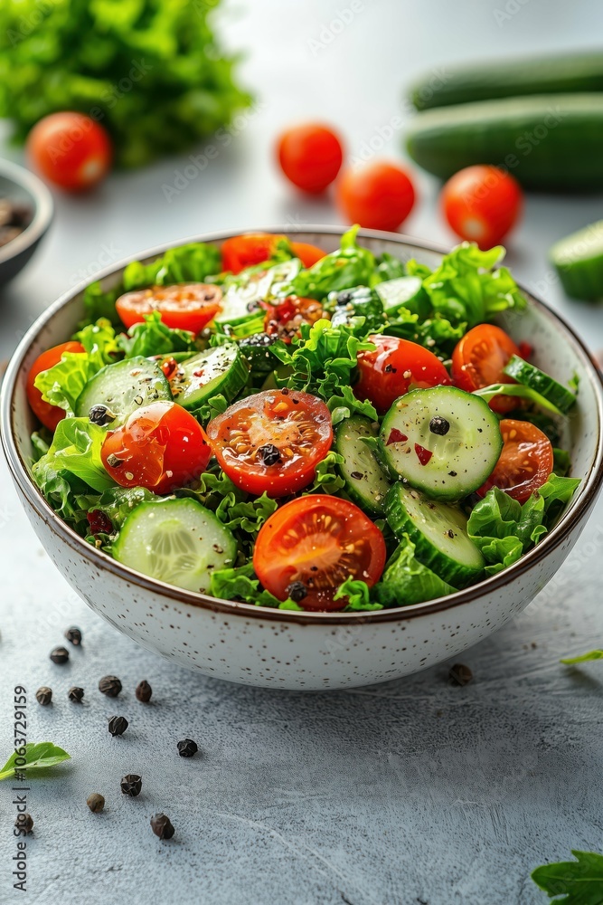 Fresh salad with cherry tomatoes and cucumbers, ceramic bowl. Fresh salad with cherry tomatoes and cucumbers, ceramic bowl.