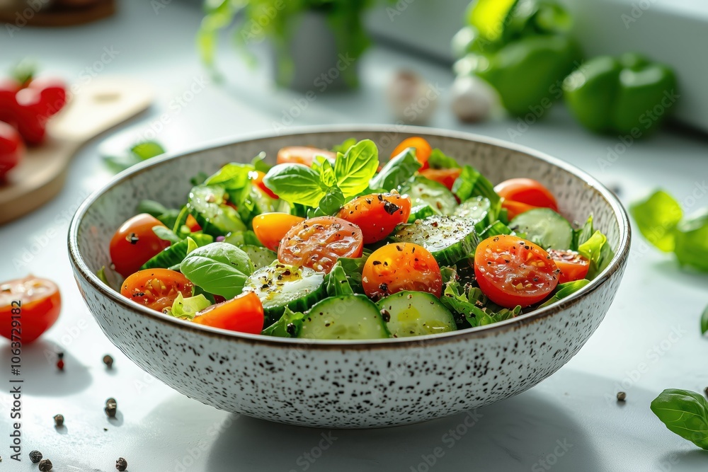 Fresh salad with cherry tomatoes and cucumbers, ceramic bowl. Fresh salad with cherry tomatoes and cucumbers, ceramic bowl.