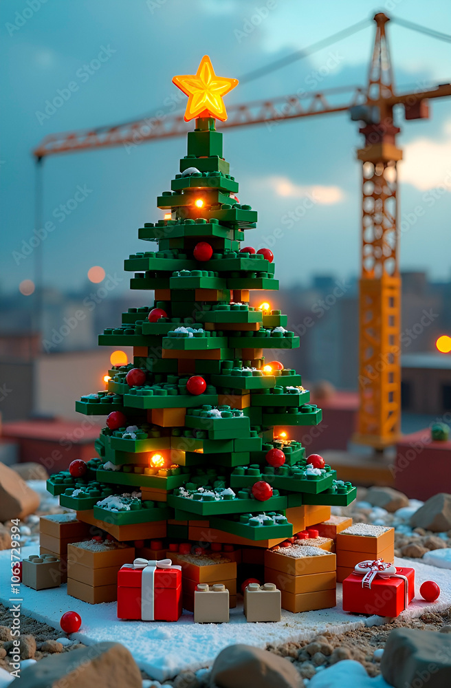 Naklejka premium Christmas tree made of constructor on background of construction site and crane. Building business, real estate