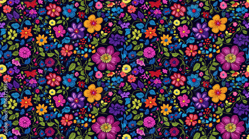 Embroidery seamless pattern featuring intricate floral designs on a dark background perfect for fashion fabrics and decorative paper