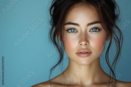 radiant portrait of a beautiful asian woman showcasing her flawless glowing skin exuding confidence and health framed by soft diffused lighting that enhances her features