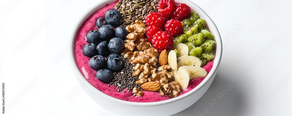 Nutrientpacked smoothie bowl with toppings of nuts, seeds, and berries, vibrant colors showcasing healthy eating Nutrientpacked smoothie bowl with toppings of nuts, seeds, and berries, vibrant colors showcasing healthy eating