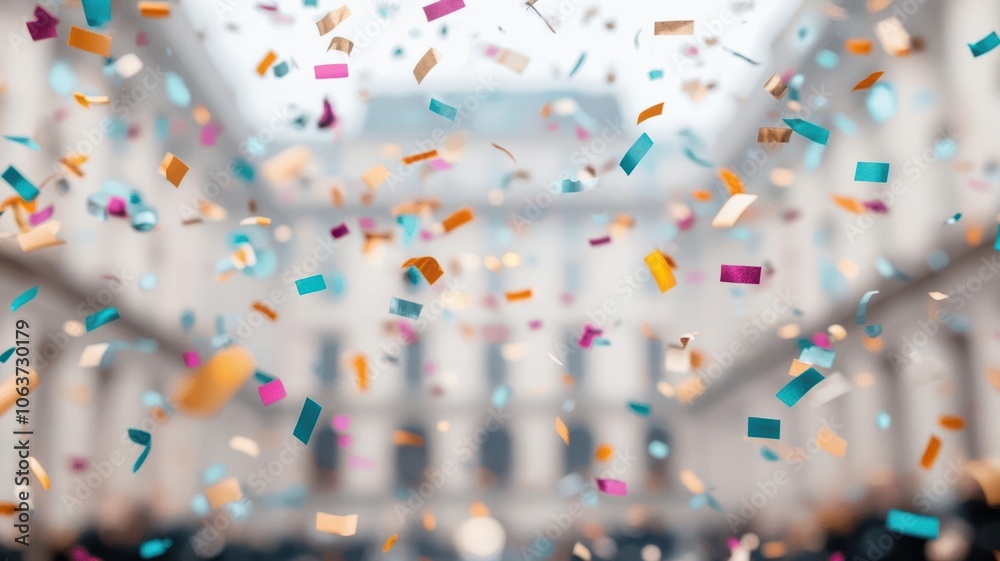 Burst of confetti falling over a lively crowd, New Year's countdown, joyous celebration Burst of confetti falling over a lively crowd, New Year's countdown, joyous celebration