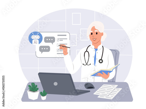 Doctor uses AI technology. Searching for medical data and assistance in diagnosis. Vector illustration in flat style