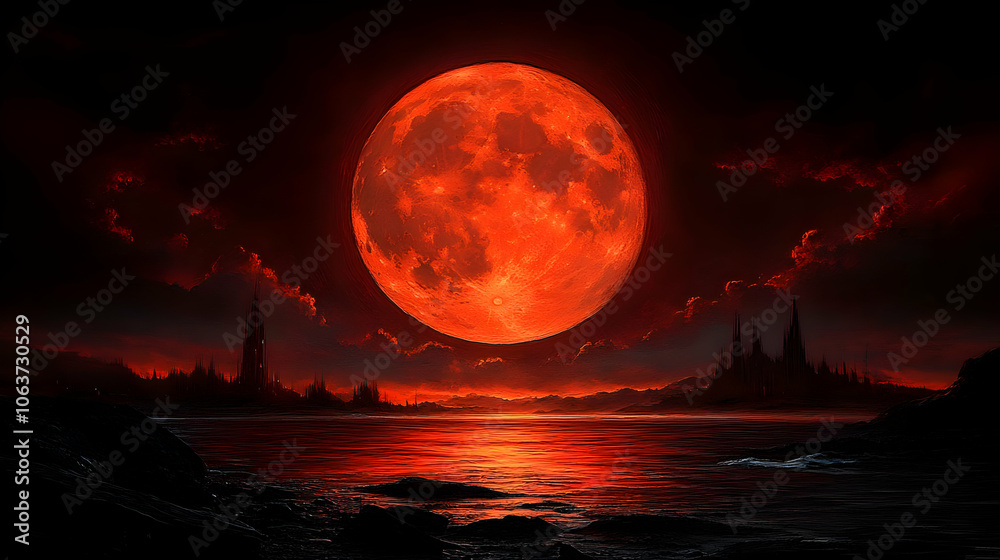 Red Moon Over Fantasy Cityscape - Digital Illustration Red Moon Over Fantasy Cityscape - Digital Illustration
