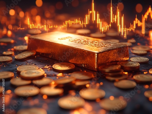 Gold Bar and Coins with Stock Market Graph Background