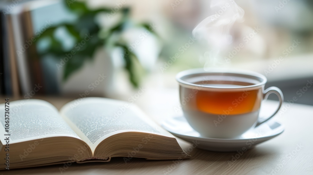 A Cup of Tea and an Open Book, Representing a Moment of Relaxation and Intellectual Exploration A Cup of Tea and an Open Book, Representing a Moment of Relaxation and Intellectual Exploration