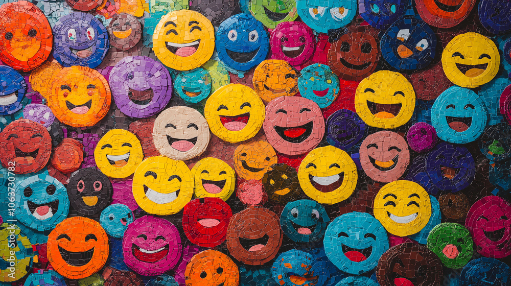 A vibrant mosaic of colorful emojis with diverse expressions, representing happiness, unity, and creative spirit A vibrant mosaic of colorful emojis with diverse expressions, representing happiness, unity, and creative spirit