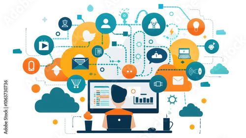 A small business owner crafting marketing strategies using AI tools, data-driven insights, and personalized campaigns across social media, reflecting the future of marketing in 2025