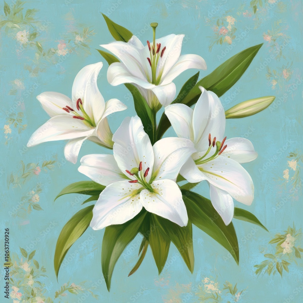 A bouquet of white lilies against a soft blue background.
