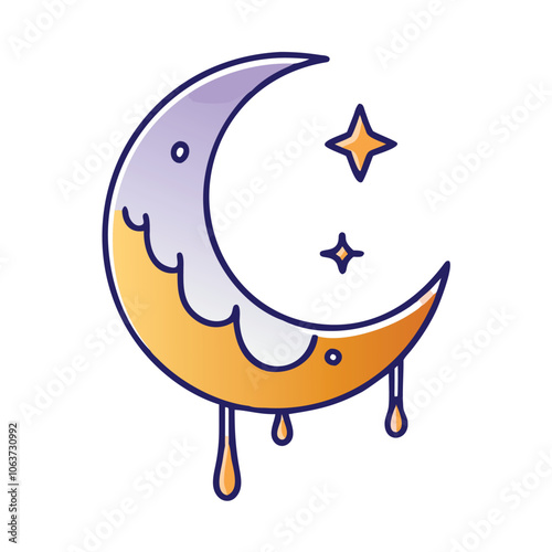 Crescent moon with dripping starry design, Artistic illustration of a crescent moon with a dripping effect and starry details, symbolizing dreaminess, night, and cosmic mystery.