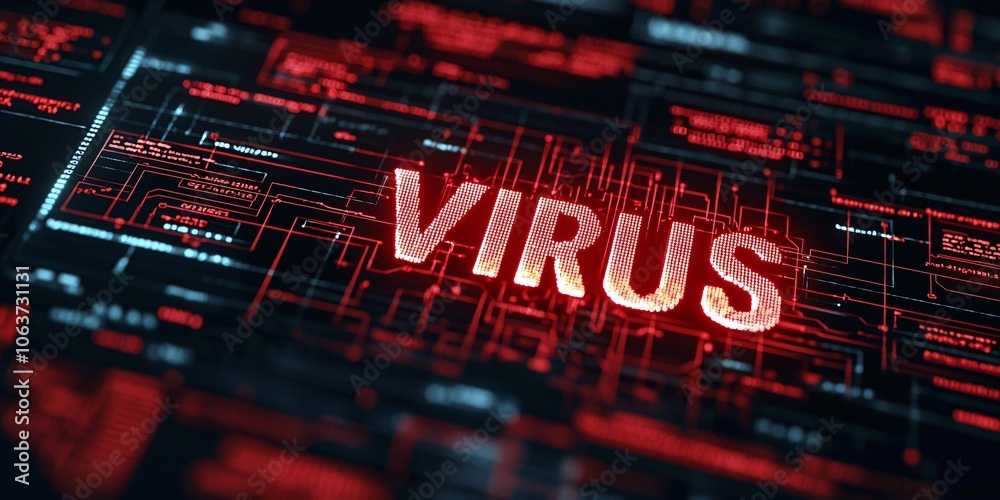 Visual representation of a virus with glowing text on a digital background. Perfect for illustrating cybersecurity or health-related content. Visual representation of a virus with glowing text on a digital background. Perfect for illustrating cybersecurity or health-related content.