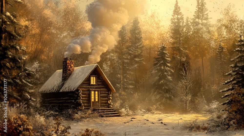 Cozy log cabin in a winter forest, with smoke curling from the chimney at sunset. Cozy log cabin in a winter forest, with smoke curling from the chimney at sunset.