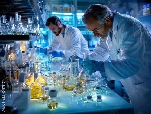 A pair of scientists conduct research in a laboratory setting, meticulously examining and manipulating chemicals in beakers.