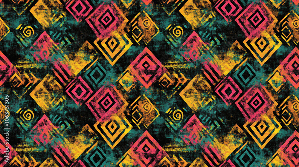 Seamless ink pattern featuring grungy geometric designs and psychedelic tie dye textures with African motifs in watercolor lines for trendy textile applications Seamless ink pattern featuring grungy geometric designs and psychedelic tie dye textures with African motifs in watercolor lines for trendy textile applications