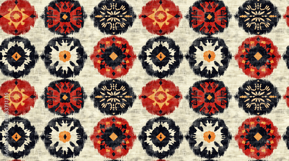Seamless Ikat pattern featuring tribal geometric motifs and mandalas ideal for ethnic textile designs and bohemian decor