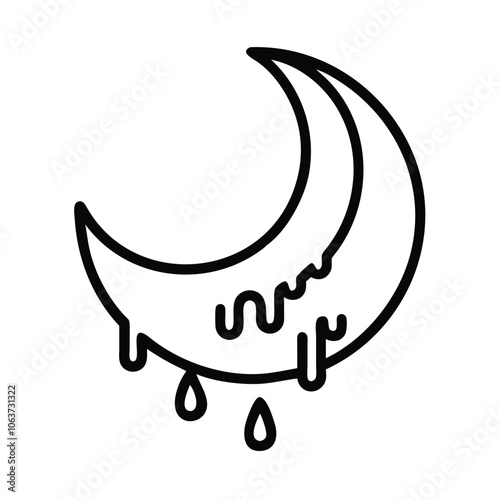 Dripping crescent moon icon in outline, Black and white outline of a crescent moon with a dripping effect, symbolizing fantasy, mystery, and celestial themes in a minimalist style.