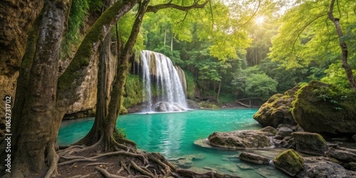 Vibrant Jangle Landscape with Cascading Erawan Waterfall Surrounded by Lush, Green Vegetation